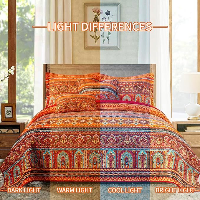 BEDIFANY Cotton King Size Quilt Set - Boho Lightweight King Bedspread - Colorful Orange Reversible Coverlets Quilt Bedding Sets - Oversized King Quilt Set for Bed Decorations for All Seasons, 3 Pieces