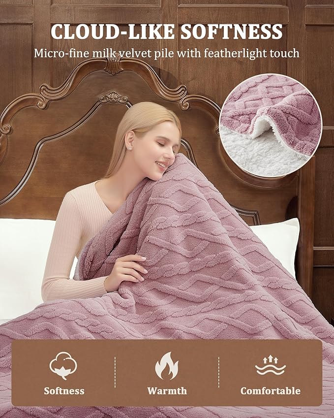 CAROMIO Heated Throw Blanket - Thick Tufted Sherpa Electric Blanket Throw with 10 Heating Levels and 10 Time Settings, ETL Certified Machine Washable Fast Heating Blanket Throw 50"×60", Dusty Pink