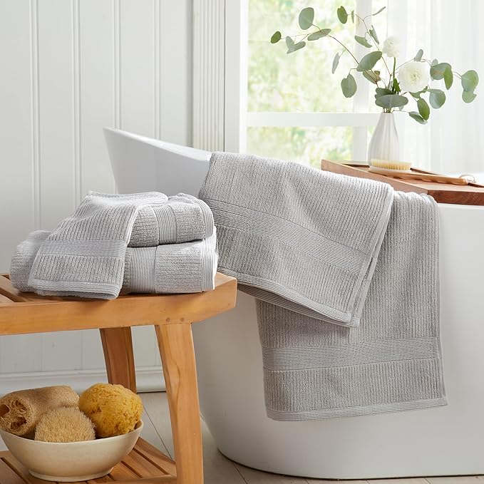 Springtree Home Grey Bath Towels Set of 4 | Ribbed Textured | 100% Combed Cotton | Absorbent Quick-Dry Gray Towels for Bathroom | Oeko-TEX® Standard 100 Cotton | Mauro Collection - High Rise Grey