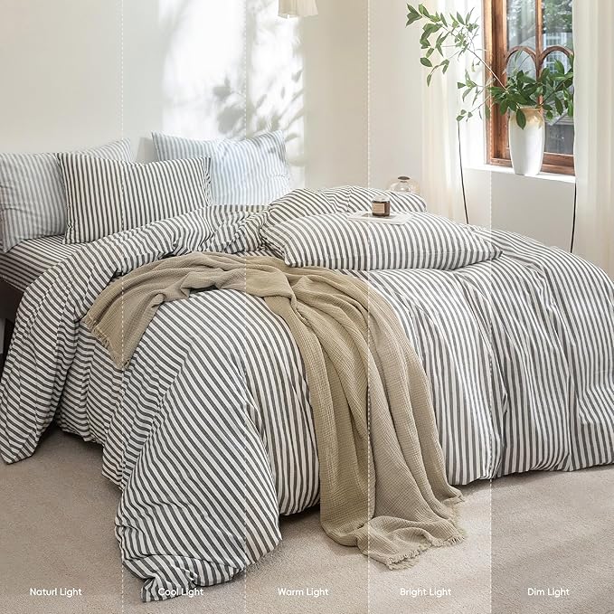 FOSSA Striped Duvet Cover Set 100% Washed Cotton Linen Feel Super Soft Breathable Cozy 3 Pieces Bedding Sets Dark Grey White Classic Stripes King