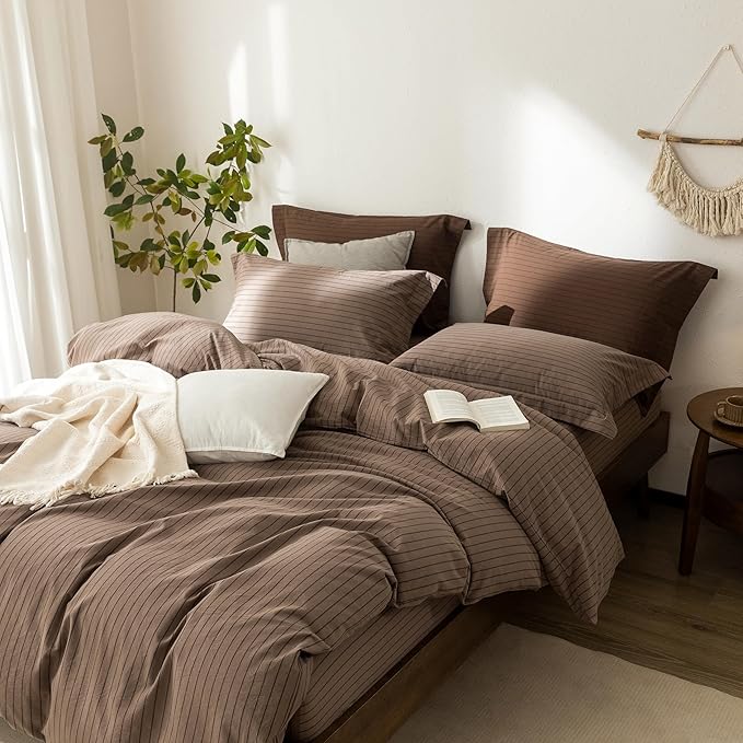 Stripe Duvet Cover Queen Size 90inch x 90inch,100% Washed Cotton Pinstripe Duvet Cover with Zipper Closure and 2 Pillowcases, Color of Light Brown-Black Stripe