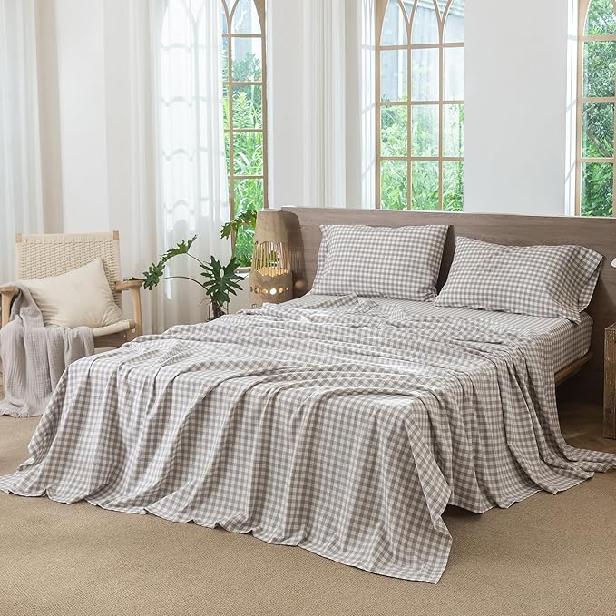 MooMee Gingham Sheet Set 100% Washed Cotton Linen Like Textured Breathable Soft w/Fully Elasticized 16-19" Deep Pocket (Classic Gingham Tannish Linen Grey, King)