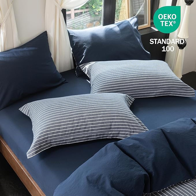 Reversible Duvet Cover Set 100% Washed Cotton Blue Stripe Linen Feel Duvet Cover Queen Size with Zipper Closure & 2 Pillow Shams,Navy/White Stripe Reverse Solid Navy