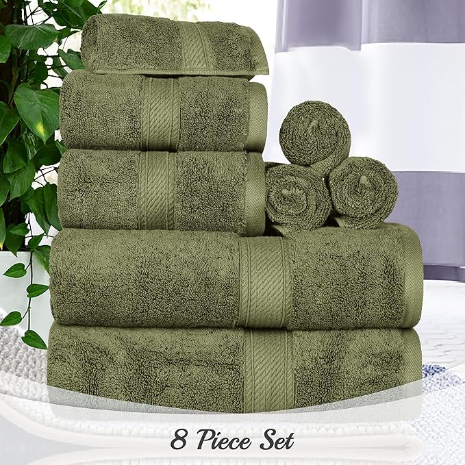 Superior Egyptian Cotton Pile 8 Piece Towel Set, Includes 2 Bath, 2 Hand, 4 Face Towels/Washcloths, Ultra Soft Luxury Towels, Thick Plush Essentials, Guest Bath, Spa, Hotel Bathroom, Forest Green