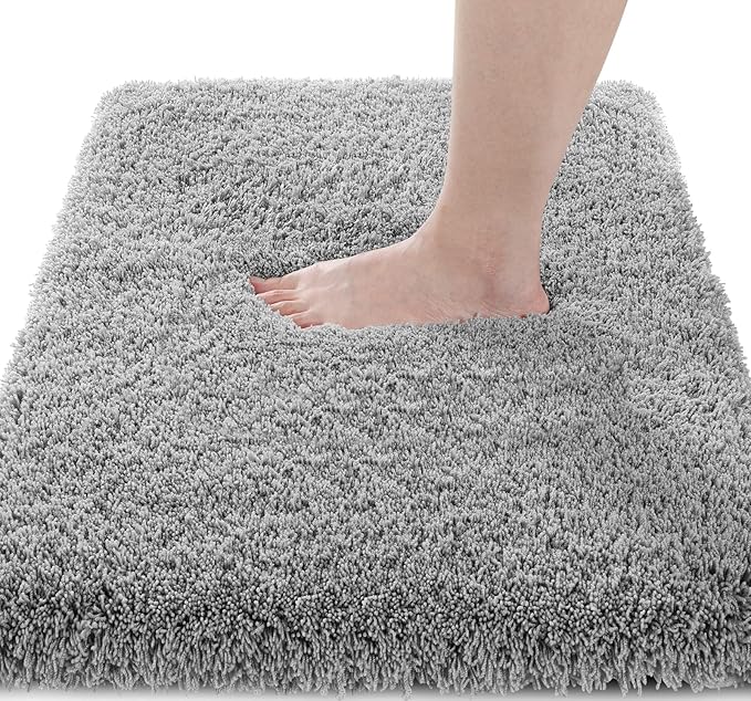 Yimobra Fluffy Plush Bath Rug, Super Shaggy Soft Comfortable Non Slip, Water Absorbent Microfiber Bath Mat, Dries Quickly, Machine Washable Thick Bathroom Rugs for Shower, 60"x 24", Pure Gray