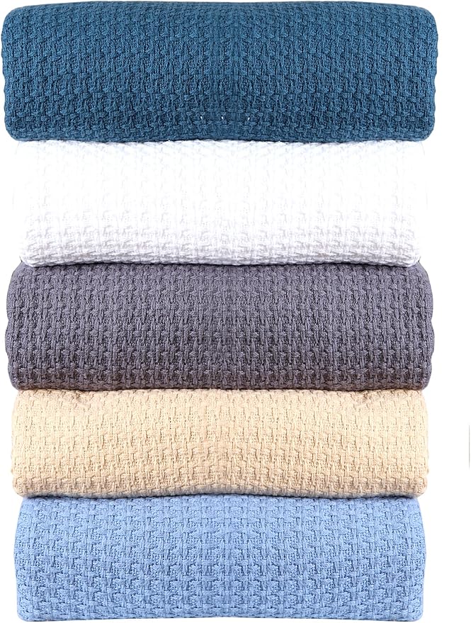 HILLFAIR 100% Combed Cotton Blanket– Twin Bed Blanket– Soft Cozy Warm Multipurpose Throws for Luxury Home Decor– 66 x 90 inch Twin XL Size Cotton Blankets for Beds- Bed Blankets for All Season- Blue