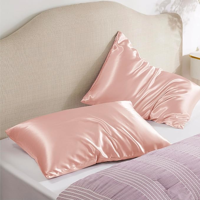 Bedsure Satin Pillowcase with Zipper, Similar to Silk Pillow Cases 2 Pack, Satin Pillow Cases Queen, Silky & Soft Peach Pink Pillow Cover for Hair and Skin, Gifts for Women Men, 20x30 Inches