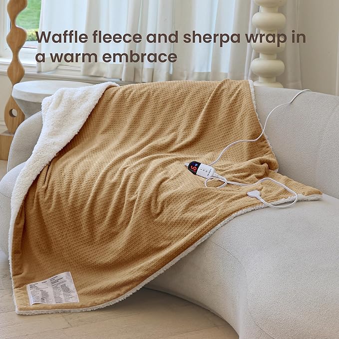 Heated Blanket Electric Blanket Twin Waffle, 62x84 Inches Sherpa Fleece Fast Heating Blanket 6 Heating Levels & 10 Hours Auto Off ETL Certification, Caramel Twin