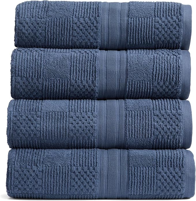 Springtree Home 100% Cotton Bath Towel Set of 4 | Blue Towels | Geometric Textured Design | Absorbent & Quick-Dry | 4 Bath Towels | Oeko-TEX® Standard 100 Cotton | Myla Collection - Indigo