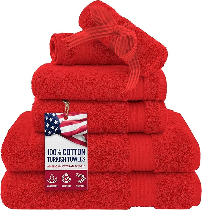 American Veteran Towel, 6 Piece Towel Set for Bathroom, 100% Cotton Turkish Bathroom Towels, 2 Bath Towels 2 Hand Towels 2 Washcloths, Red