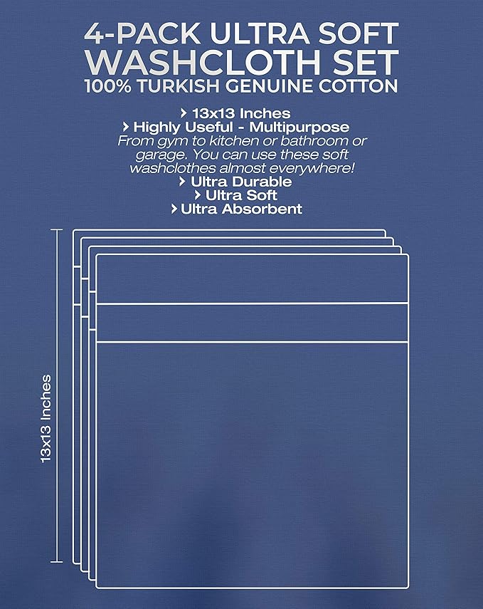 American Veteran Towel, 100% Cotton Turkish Washcloths for Bathroom Essentials 4 Pack, Soft Absorbent Wash Cloths Quick Drying Small Towels Washrags, Turquoise Blue