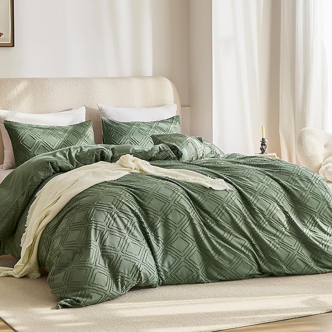 JELLYMONI Duvet Cover Twin Size Green - 3PCS Boho Duvet Cover Set Plaid Polyester Tufted Bohemian Jacquard Knit Textured Comforter Cover 68×90in Rhombic Geometric Pattern Corner Ties & Zipper