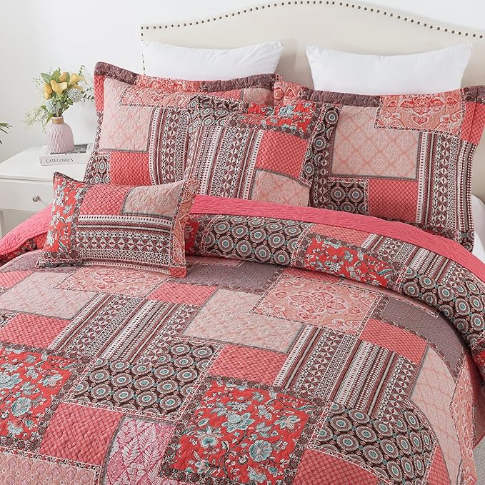 BEDIFANY Cotton King Quilt Set, Farmhouse King Size Quilt Bedding Set with 2 Pillow Shams, 3 PCs Lightweight King Size Bedspreads for Bed Decorations - All Seasons Coverlet Sets