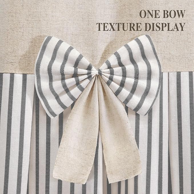 Farmhouse Shower Curtain Linen Bow Woven Fabric Country Rustic Western, Pleated Green Stripe 72" W x 72" L
