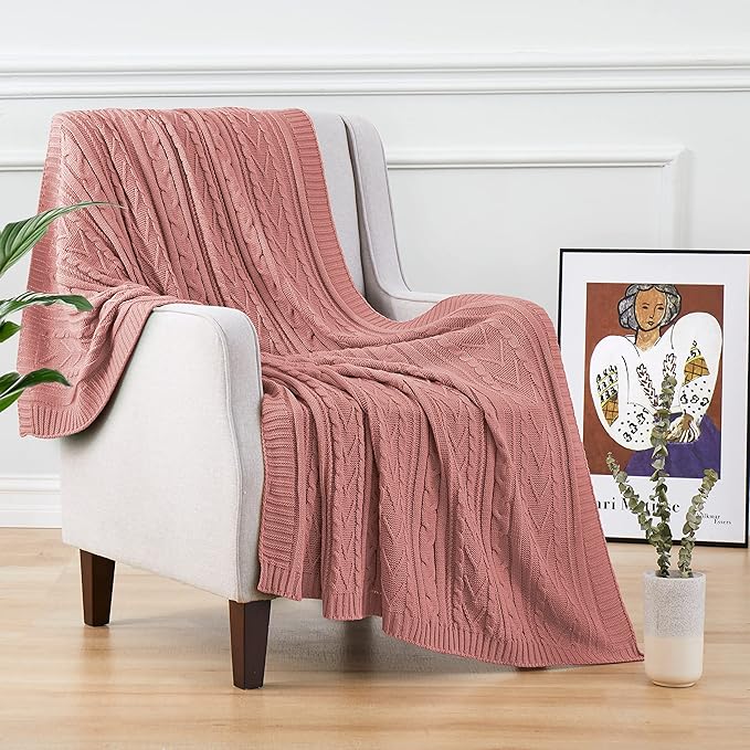 Aormenzy Dusty Pink Cable Knit Throw Blanket Oversized 60" x 80" Super Soft Comfy Knitted Blanket for Couch Bed Sofa, Twin Size