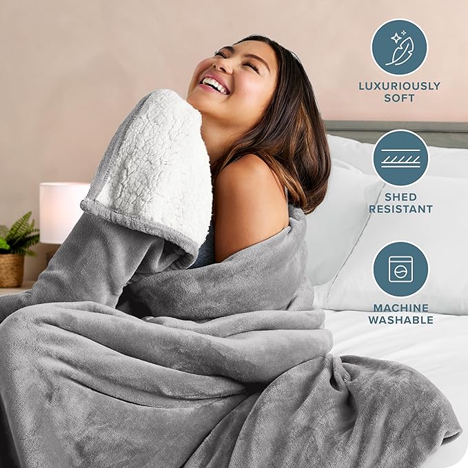 Bare Home Sherpa Fleece Blanket - Twin/Twin Extra Long - Blanket for Bed, Sofa, and Couch - Warm & Lightweight - Fluffy & Soft - Reversible (Twin/Twin XL, Light Grey)