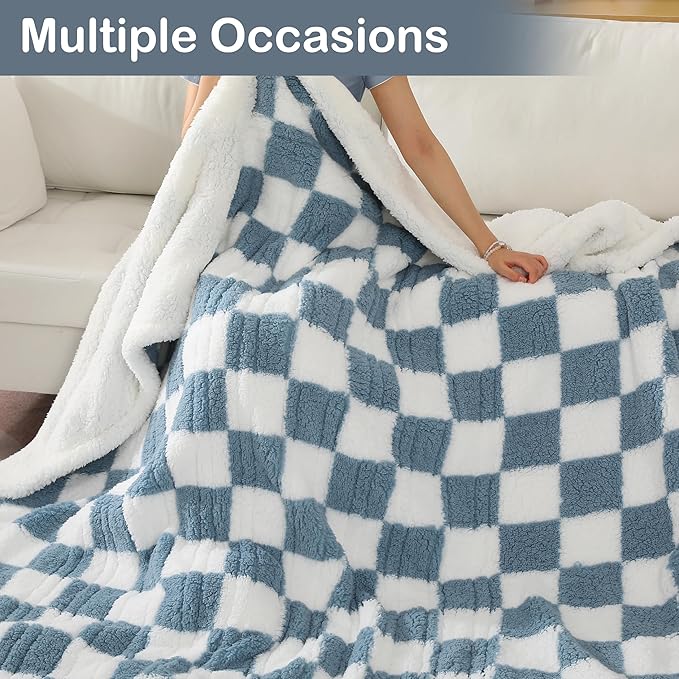 Electric Heated Blanket 6 Heating Settings & 1-10H Auto Off Full 72×84 Checkered Plaid Double Sided Plush Sherpa Ultra-Soft Warm Thick, Machine Washable, Fast Heating, Home Office Light Blue