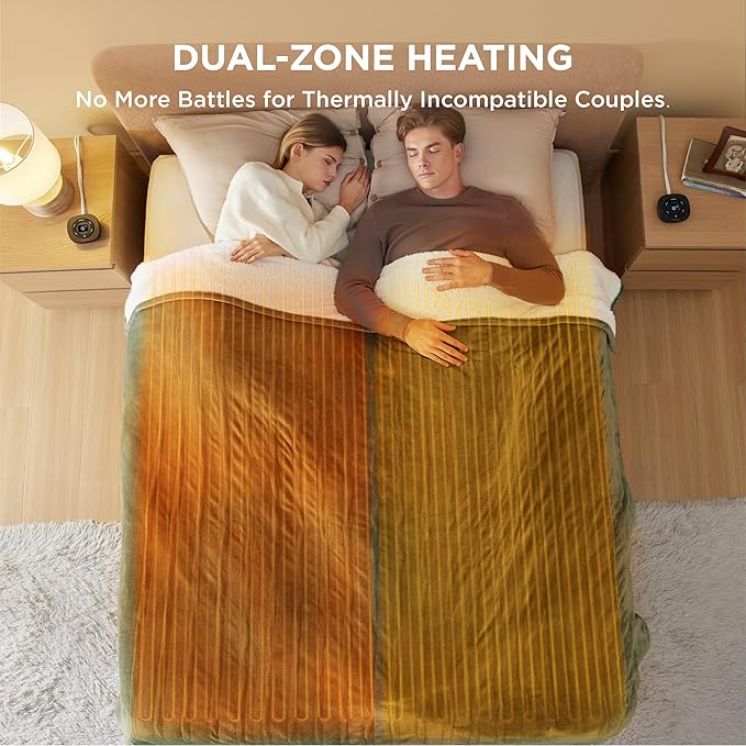 Bedsure Electric Blanket Queen Size - Dual Control Heated Blanket Queen, Fast Heating with 10 Time Settings & 10 Heat Settings, Warm Gift for Grandma (84x90 inches, Olive Green)