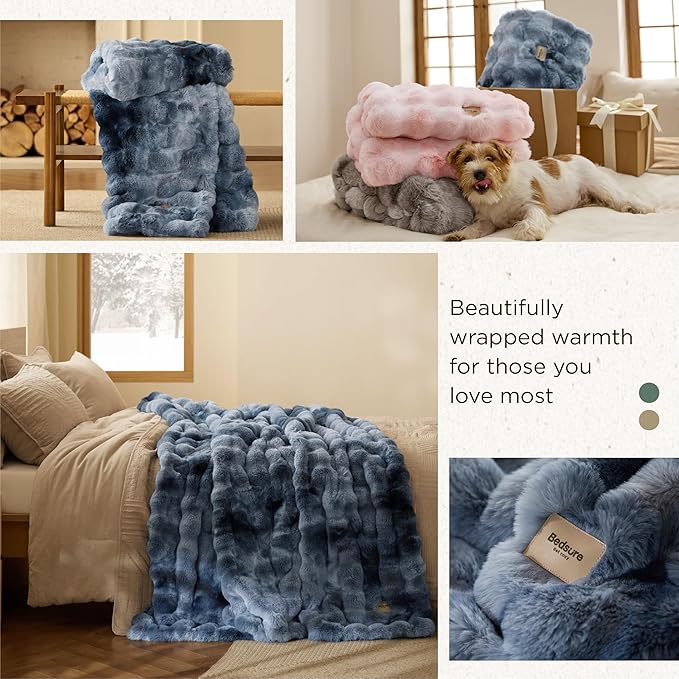 Bedsure GentleSoft Fluffy Faux Fur Blanket Twin Size, Fuzzy Soft Bubble Blanket for Couch, Faux Fur Decor for Home Bedroom Living Room, Thick Furry Cozy Gifts for Women, Tie-dye Blue, 60x80 Inch