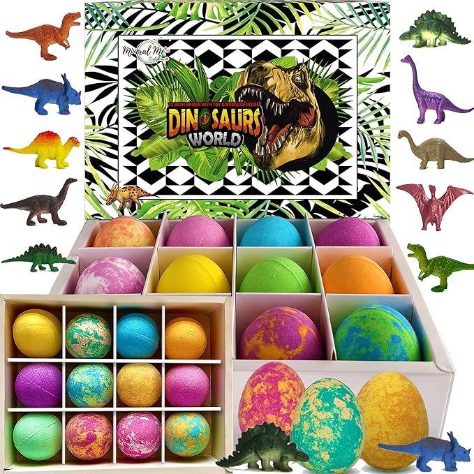 Bath Bombs for Kids with Surprise Inside - 12 Dinosaur Bath Bombs with Toys, Organic Colorful Bubble Bath Fizzies, Dino Egg Bath Bomb w/Rich Bubbles, Stocking Stuffers Christmas Gifts for Kids, Boys