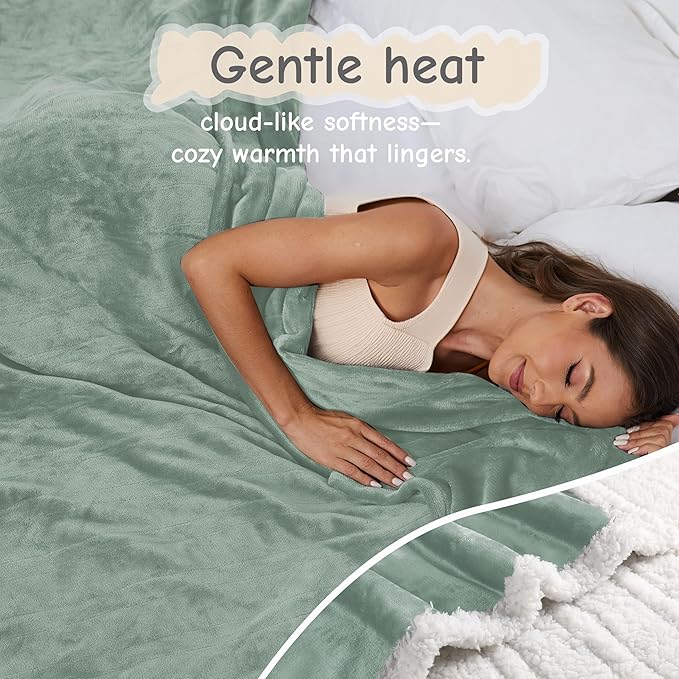 Electric Heated Blanket Throw Size 50"x60", Soft Flannel with Overheat Protection, 6 Adjustable Heat Settings & 3-Hour Auto-Off Timer, Fast Heating for Winter Comfort, Light Green