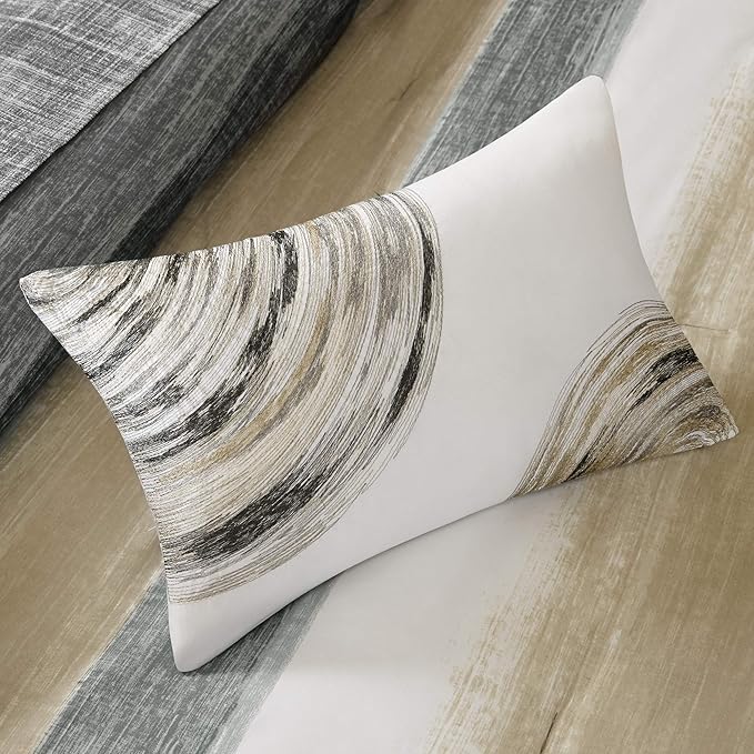 Madison Park Essentials Twin Comforter Set, Bed in a Bag Twin, Watercolor Print Coastal Comforter & Chambray Cotton Sheet Set, All Season Bedding Set, Saben, Taupe Twin (68 in x 86 in) 7 Piece