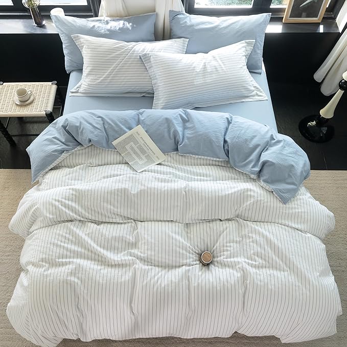 Reversible Duvet Cover Set 100% Washed Cotton Sky Blue Stripe Linen Feel Duvet Cover King Size with Zipper Closure & 2 Pillow Shams,Sky Blue/White Stripe Reverse Solid Sky Blue
