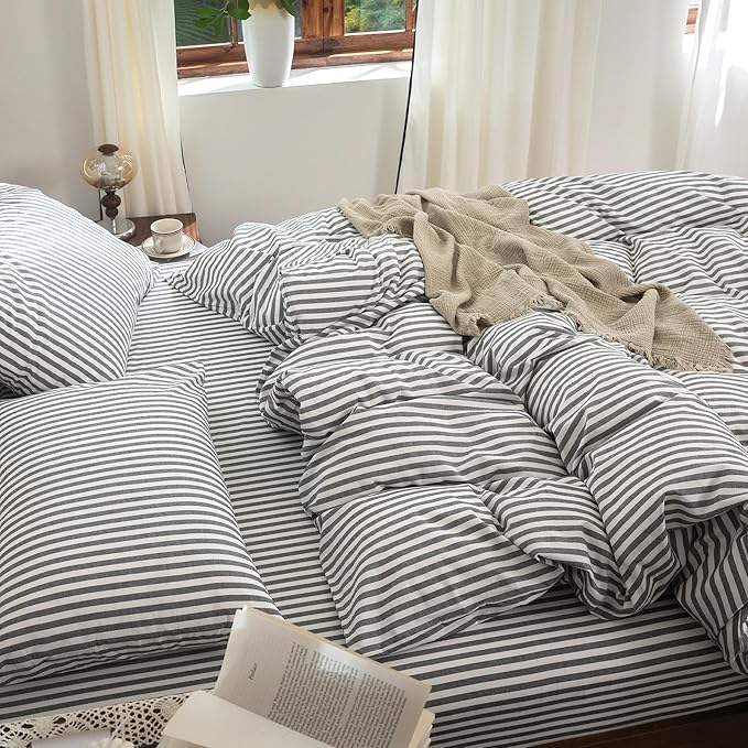 FOSSA Striped Duvet Cover Set 100% Washed Cotton Linen Feel Super Soft Breathable Cozy 3 Pieces Bedding Sets Dark Grey White Classic Stripes King