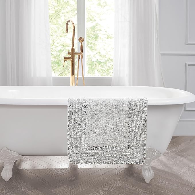 Laura Ashley Ruffle Border 100% Cotton Bath Rug Set, Light Grey, 17" x 24"/ 20" x 32"