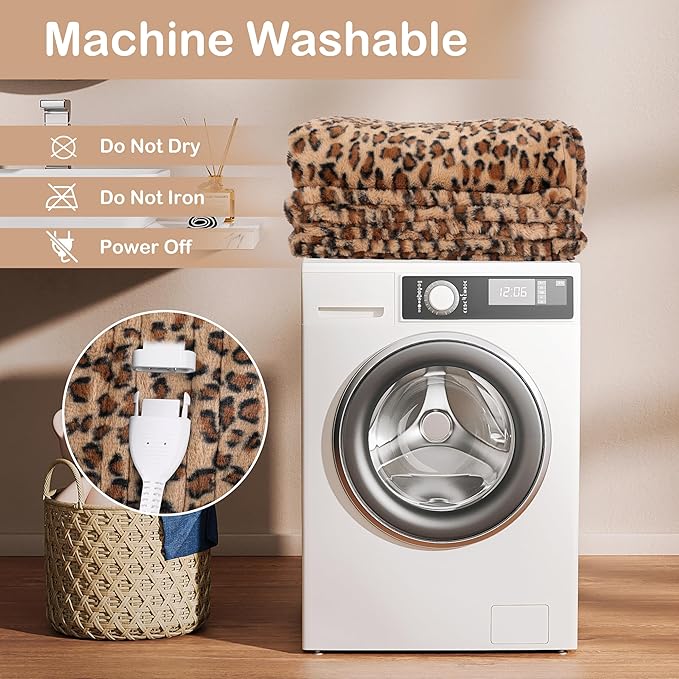 Electric Heated Blanket Twin Size 62”x84”,Soft with 6 Heating Settings 1-10 Hours Auto-Off, One Touch Operation, Machine Washable, Brown Leopard Print
