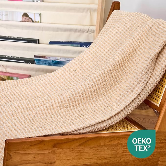 EGOHOME 100% Cotton Throw Blanket for Couch,Cotton Waffle Weave Blanket for All Seasons,Soft Lightweight Breathable Jacquard Dual-Tone Textured Blanket-Banana Cream,50 x 60 Inches