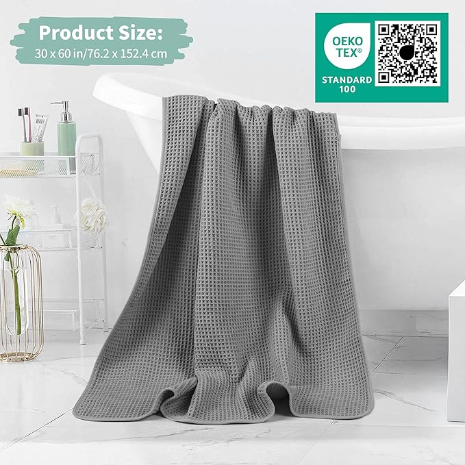 New Microfiber Waffle Bath Towels, 2 Pieces, Oversized, Soft, Absorbent, Fast Drying, Lint Free (Gray)