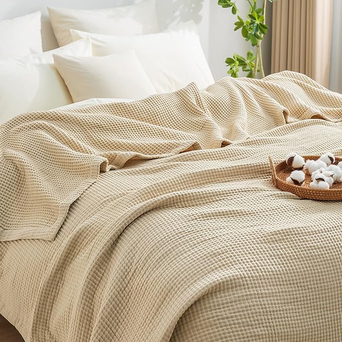 PHF 100% Cotton Waffle & Muslin Blanket Twin Size, Soft Breathable Luxury 400GSM Versatile Reversible Bedding for Bed, Great for Layering in Cold Weather, Home Decor Gift, 66" x 90", French Oak