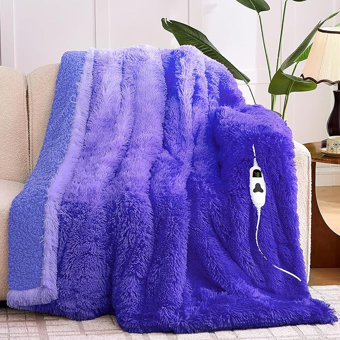 Heated Electric Blanket Throw,Warm Winter Birthday Gifts for Women Her Grandma-Faux Fur with Soft Sherpa,10 Heat Settings,5 Time Settings with Fast Heating, 50x60, Sunset Purple
