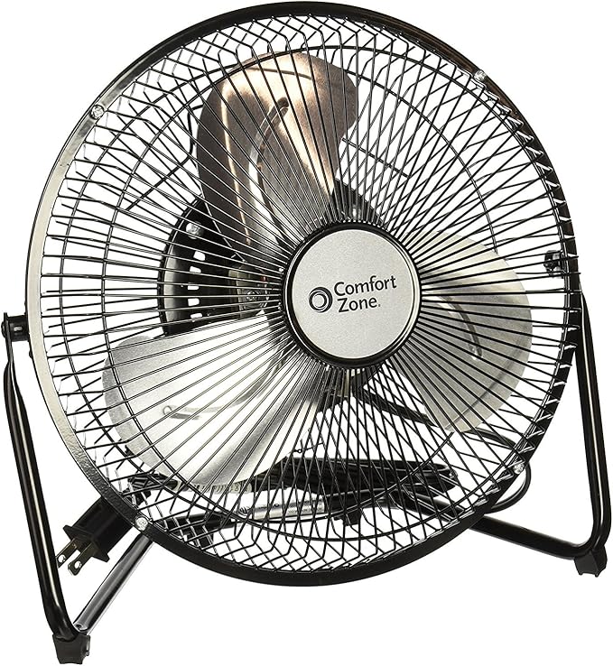 Comfort Zone 9 inch Cradle Fan, 3 Speed Floor or Table Fan with180 Degree Tilt, Metal Construction and Aluminum Blades, Carry Handle, Rubber Feet, Ideal for Bedroom, Workshop, or Garage, Black