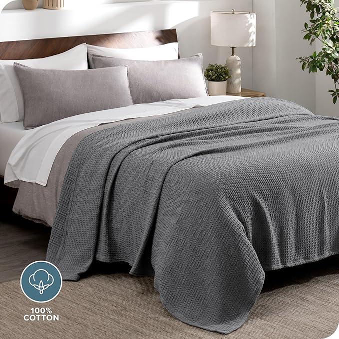 Bare Home Grey Waffle Blanket, Throw Size 44Wx66L, 100% Cotton, Soft & Breathable for All Seasons, Lightweight, Perfect for Layering Bed, Sofa & Couch (Throw/Travel, Grey)