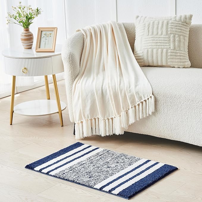 CozeCube Bath mats for Bathroom Non Slip, Fluffy Absorbent Microfiber Bath mat Washable, Aesthetic Bathroom Rugs, Large Navy Blue Striped Bath mat, Navy Blue, 36" x 24"