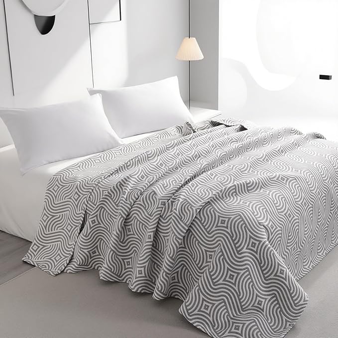 NTBAY 3 Layers Cotton Muslin 88x92 Queen Bed Blanket, Super Soft Breathable Thermal Yarn Dyed Quilt for Adults, Perfect Lightweight Blanket for Couch Sofa Bed All Seasons, Grey Geometric Ripples