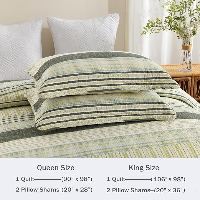 Homzard Queen Quilt - Cotton Comforter Set Queen Size, Green Yellow Striped Quilt Set,Olive Green Plaid Quilted Bedspread, Lightweight Bedding Comforter 3 Pieces All Season