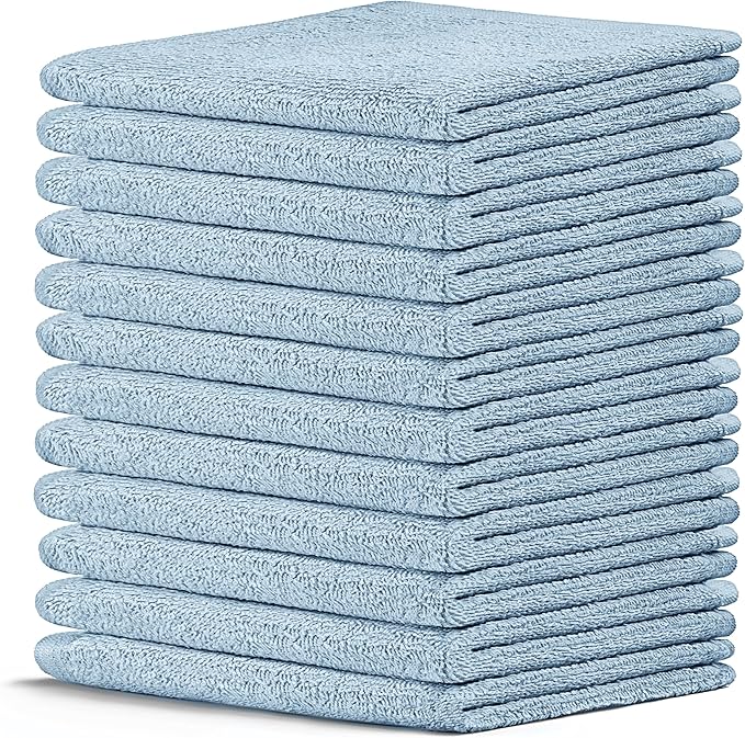 Crystal Ridge Cotton Wash Cloths 12 Pack - Washcloths for Showering, Face and Body, Soft and Highly Absorbent Multipurpose Towels for Bathroom, Kitchen, Spa and Gym - Wash Rags 12 x12 (Lt Blue)