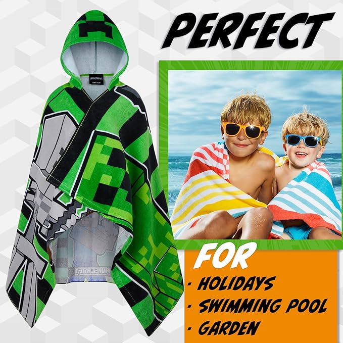 Minecraft Towelling Poncho Kids Teens Hooded Bath Towels Absorbent Beach Towel (Green/Black, 6-14 Years)