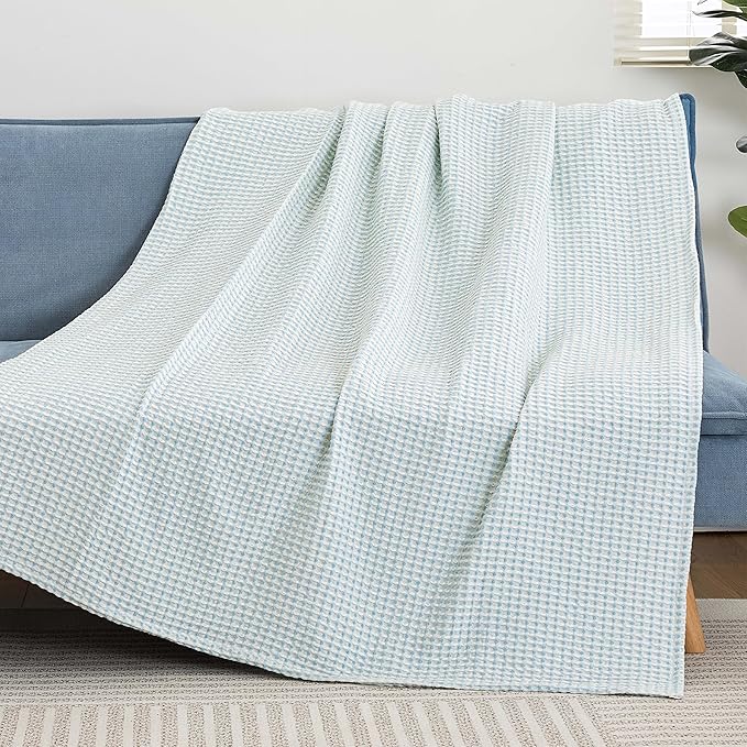 EGOHOME 100% Cotton Waffle Blanket Twin Size for Bed-Breathable and Lightweight,Soft Dual-Tone Textured Jacquard Waffle Weave Blankets for All-Seasons,Angel Falls Blue,60 x 80 Inches