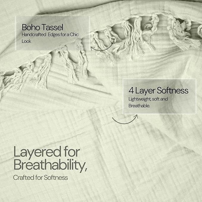 Salt Earth 100% Cotton Muslin Throw Blanket, Gauze Blanket 50"X60" Throw with Tassel 4 Layered for Couch, Bed, Living Room, Home, Lightweight & All Season Blankets & Throws, Skin Friendly (Sea Foam)