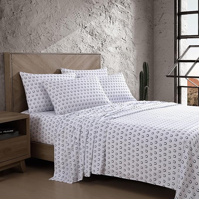 Wrangler - Twin XL Bed Sheets, Breathable & Wrinkle Resistant Bedding with Matching Pillowcase, Lightweight for Year-Round Use, Dorm Essentials (Horseshoe Dots Navy)