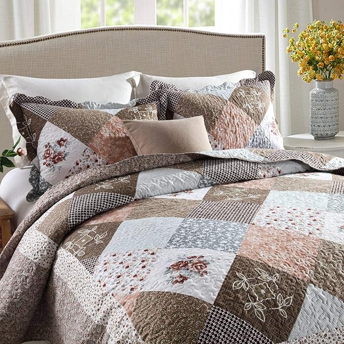 HoneiLife Qversized Queen Quilt - 106"x106" Quilt Sets 3-Piece, Microfiber Bedding Sets Queen Size, Rustic Bedspreads for All Season Use, Patchwork Coverlet for Queen Beds