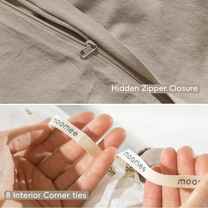MooMee Bedding Duvet Cover Set 100% Washed Cotton Linen Like Textured Breathable Durable Soft Comfy (Heathered Taupe, King 104"x90")