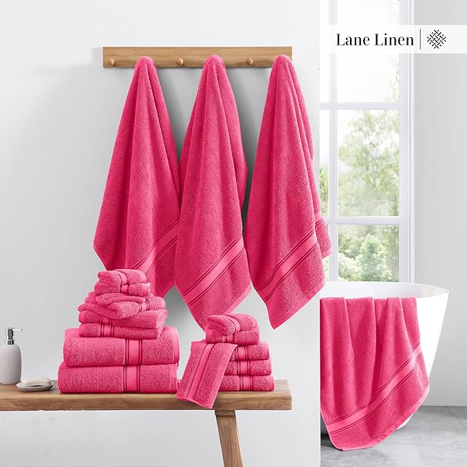 LANE LINEN 12 Pc Bath Towels Set – Ultra Soft 100% Mercerized Cotton, 4 Bath, 4 Hand Towel & 4 Wash Cloth, Zero Twist, Quick-Dry, Long-Lasting Comfort & Hotel Quality, Machine Washable – Fuchsia