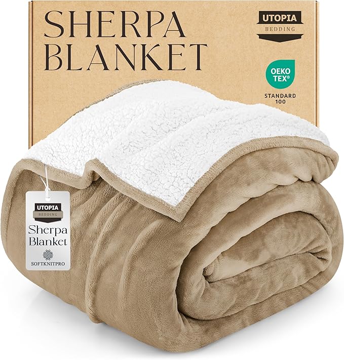 Utopia Bedding Sherpa Blanket King Size (Camel, 90x102 Inches) - Soft Lightweight Plush Fleece Reversible Blanket for Bed, Sofa, Couch, Camping and Travel