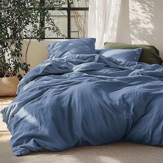 Bedsure Linen Duvet Cover King Size - Linen Cotton Blend Bedding Set, Soft & Cozy, 3 Pieces, 1 Duvet Cover 104x90 and 2 Pillowcases, Foggy Blue Color Cooling Bedding, Comforter Sold Separately