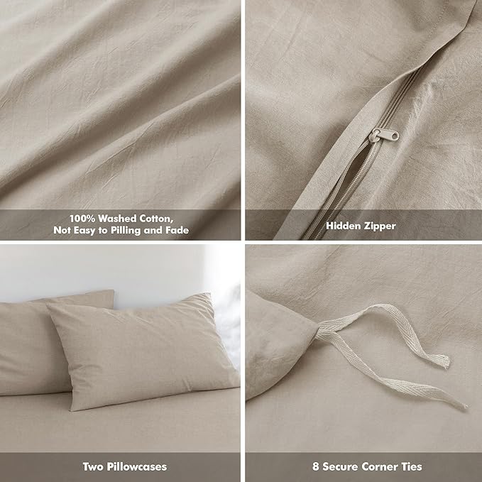 FOSSA Duvet Cover Set 100% Washed Cotton Linen Feel Super Soft Breathable Cozy 3 Pieces Bedding Sets Solid Tannish Linen Grey Queen